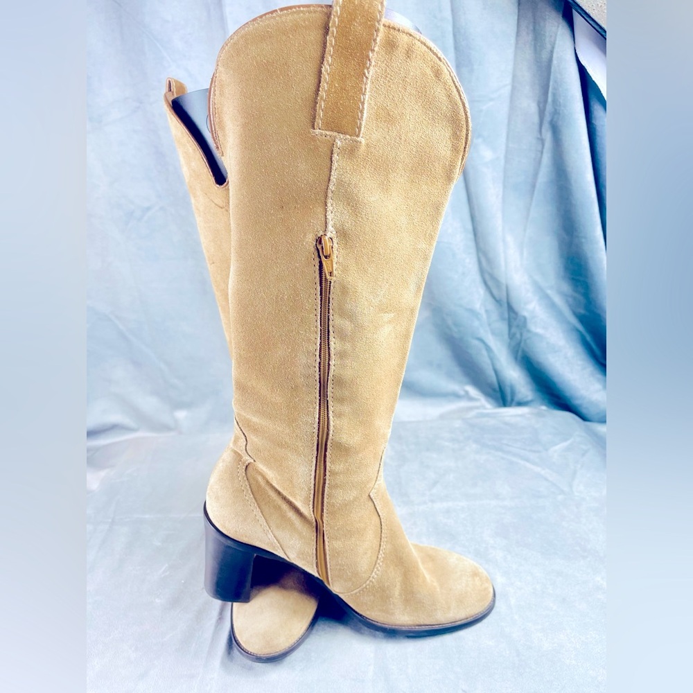 Franco Sarto Beige Real Suede Leather Western-Style Knee-High Boots, Size 11M